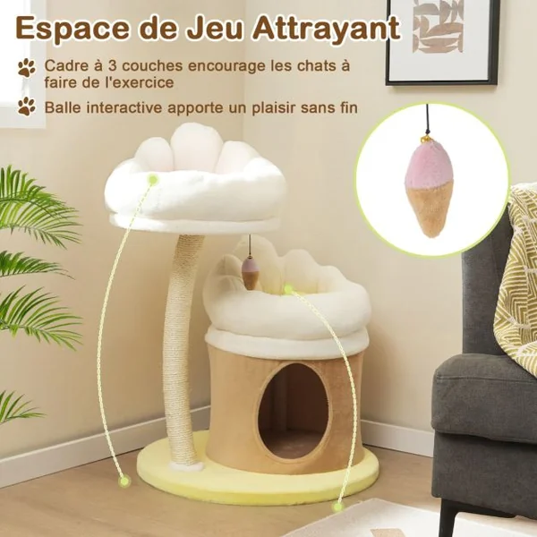 Arbre à Chat de 83 cm Tour à Chat Intérieur à Plusieurs Niveaux avec Condo Poteau à Gratter en Sisal Blanc