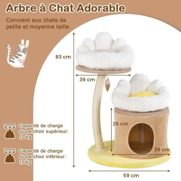 Arbre à Chat de 83 cm Tour à Chat Intérieur à Plusieurs Niveaux avec Condo Poteau à Gratter en Sisal Blanc