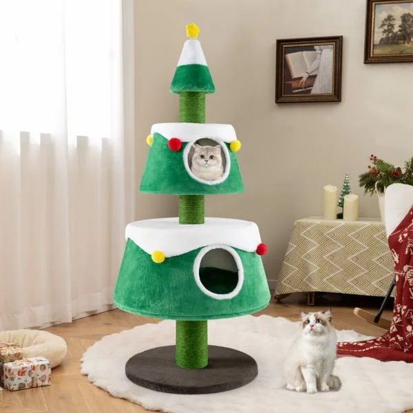 Arbre à Chat de Noël Jolie Tour à Chat avec 2 Condos Poteaux à Gratter en Sisal Lits Amovibles Centre d'Activités pour Chat