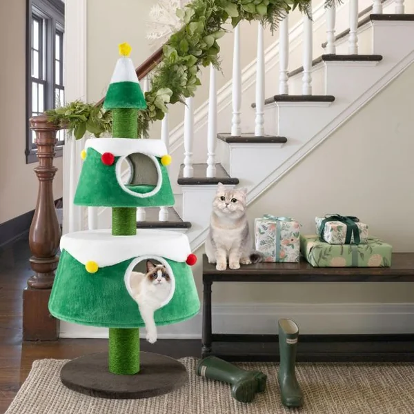 Arbre à Chat de Noël Jolie Tour à Chat avec 2 Condos Poteaux à Gratter en Sisal Lits Amovibles Centre d'Activités pour Chat