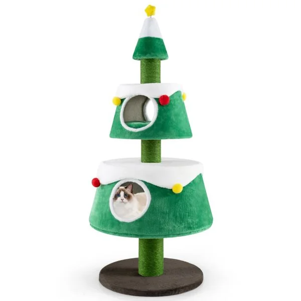 Arbre à Chat de Noël Jolie Tour à Chat avec 2 Condos Poteaux à Gratter en Sisal Lits Amovibles Centre d'Activités pour Chat
