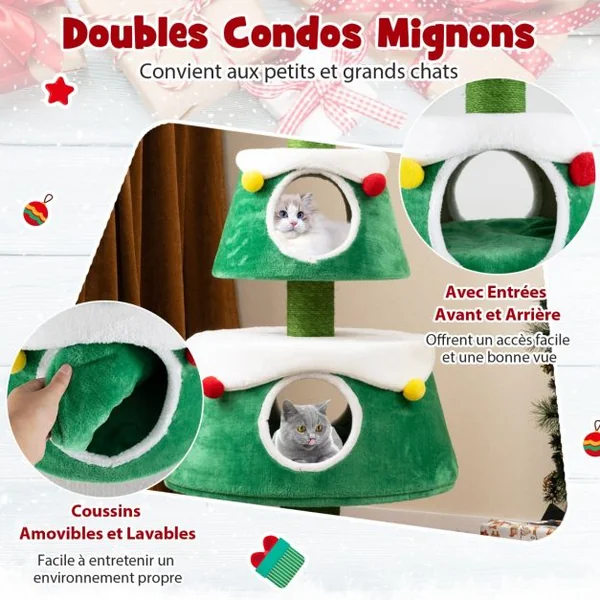 Arbre à Chat de Noël Jolie Tour à Chat avec 2 Condos Poteaux à Gratter en Sisal Lits Amovibles Centre d'Activités pour Chat
