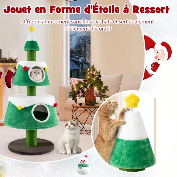Arbre à Chat de Noël Jolie Tour à Chat avec 2 Condos Poteaux à Gratter en Sisal Lits Amovibles Centre d'Activités pour Chat
