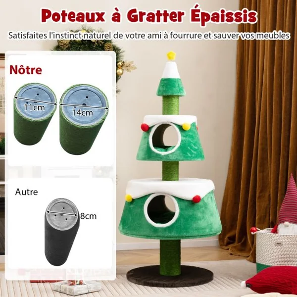 Arbre à Chat de Noël Jolie Tour à Chat avec 2 Condos Poteaux à Gratter en Sisal Lits Amovibles Centre d'Activités pour Chat