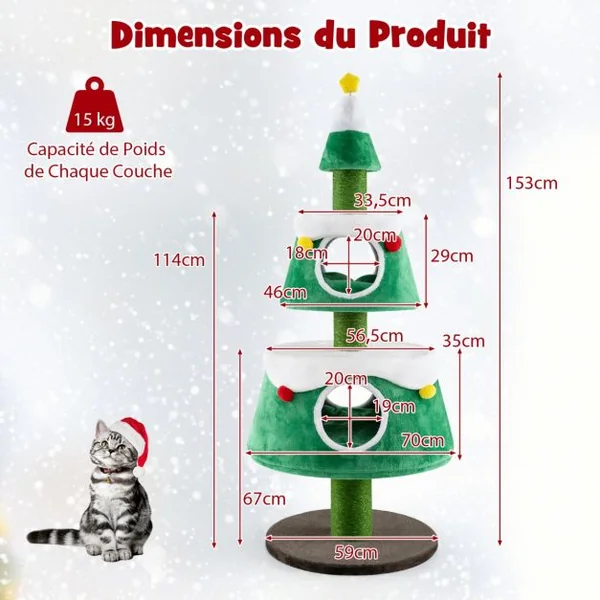 Arbre à Chat de Noël Jolie Tour à Chat avec 2 Condos Poteaux à Gratter en Sisal Lits Amovibles Centre d'Activités pour Chat