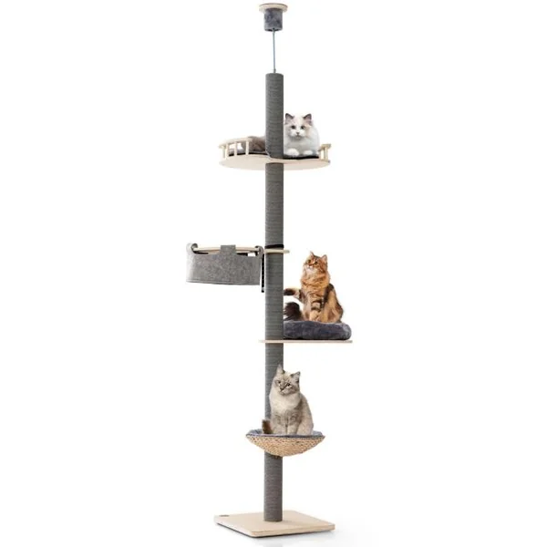 Arbre à Chat du Sol au Plafond avec Hauteur Réglable de 236 à 271 cm Tour à Chat en Bois à 5 Niveaux avec Hamac Gris