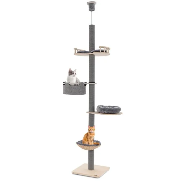 Arbre à Chat du Sol au Plafond avec Hauteur Réglable de 236 à 271 cm Tour à Chat en Bois à 5 Niveaux avec Hamac Gris