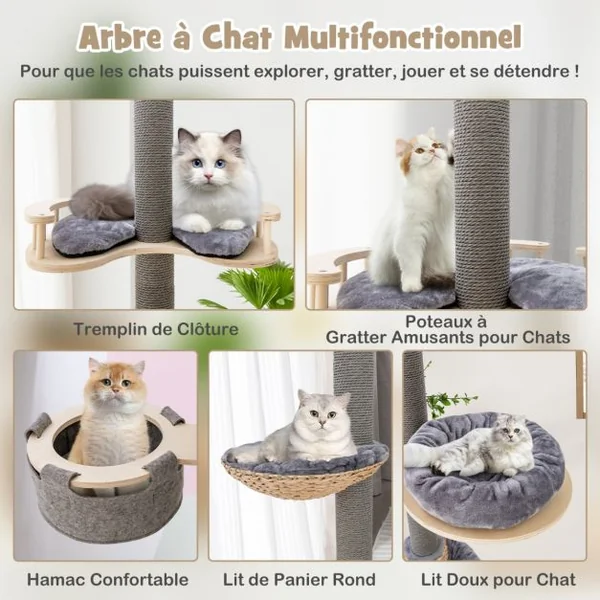 Arbre à Chat du Sol au Plafond avec Hauteur Réglable de 236 à 271 cm Tour à Chat en Bois à 5 Niveaux avec Hamac Gris