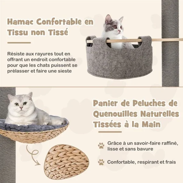 Arbre à Chat du Sol au Plafond avec Hauteur Réglable de 236 à 271 cm Tour à Chat en Bois à 5 Niveaux avec Hamac Gris