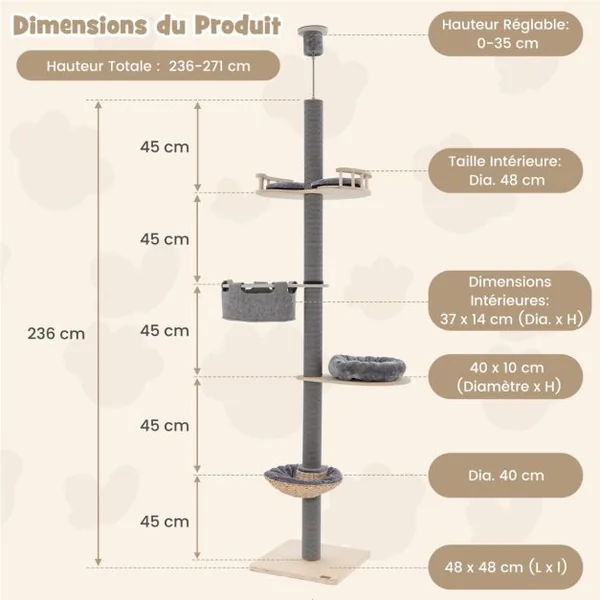 Arbre à Chat du Sol au Plafond avec Hauteur Réglable de 236 à 271 cm Tour à Chat en Bois à 5 Niveaux avec Hamac Gris
