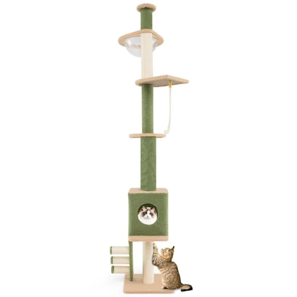 Arbre à Chat du Sol au Plafond avec Hauteur Réglable Poteau Supplémentaire Tour pour Chat à 5 Niveaux Capsule Spatiale Condo Vert et Marron