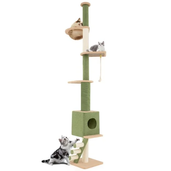 Arbre à Chat du Sol au Plafond avec Hauteur Réglable Poteau Supplémentaire Tour pour Chat à 5 Niveaux Capsule Spatiale Condo Vert et Marron