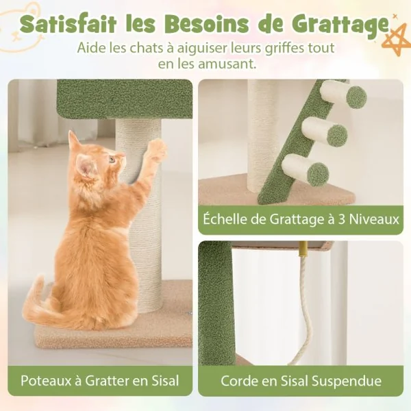 Arbre à Chat du Sol au Plafond avec Hauteur Réglable Poteau Supplémentaire Tour pour Chat à 5 Niveaux Capsule Spatiale Condo Vert et Marron
