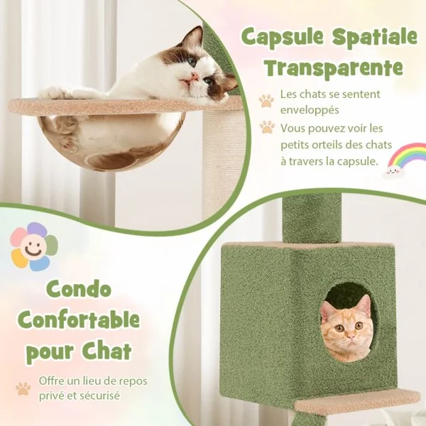 Arbre à Chat du Sol au Plafond avec Hauteur Réglable Poteau Supplémentaire Tour pour Chat à 5 Niveaux Capsule Spatiale Condo Vert et Marron