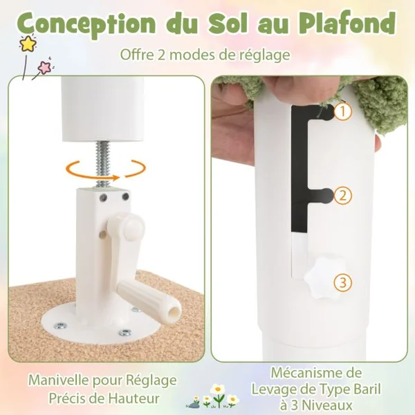 Arbre à Chat du Sol au Plafond avec Hauteur Réglable Poteau Supplémentaire Tour pour Chat à 5 Niveaux Capsule Spatiale Condo Vert et Marron