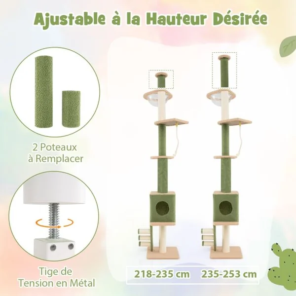 Arbre à Chat du Sol au Plafond avec Hauteur Réglable Poteau Supplémentaire Tour pour Chat à 5 Niveaux Capsule Spatiale Condo Vert et Marron