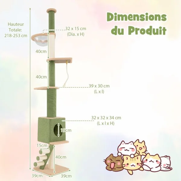 Arbre à Chat du Sol au Plafond avec Hauteur Réglable Poteau Supplémentaire Tour pour Chat à 5 Niveaux Capsule Spatiale Condo Vert et Marron