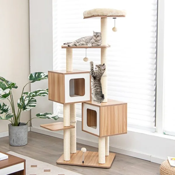 Arbre à Chat en Bois 163 CM avec 3 Plateformes 2 Niches 3 Balles Griffoirs en Sisal Perchoir Coussins Lavables Naturel