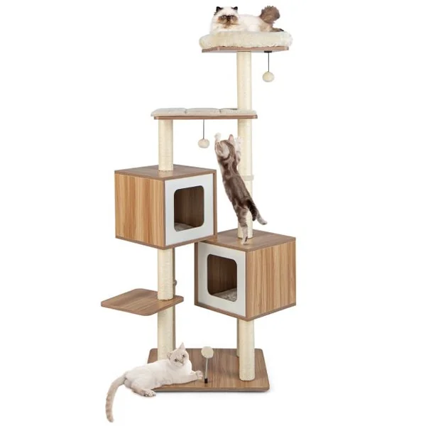 Arbre à Chat en Bois 163 CM avec 3 Plateformes 2 Niches 3 Balles Griffoirs en Sisal Perchoir Coussins Lavables Naturel