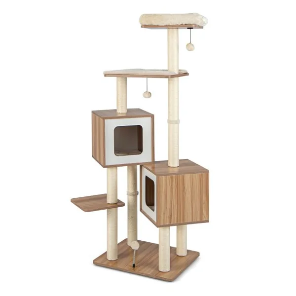 Arbre à Chat en Bois 163 CM avec 3 Plateformes 2 Niches 3 Balles Griffoirs en Sisal Perchoir Coussins Lavables Naturel