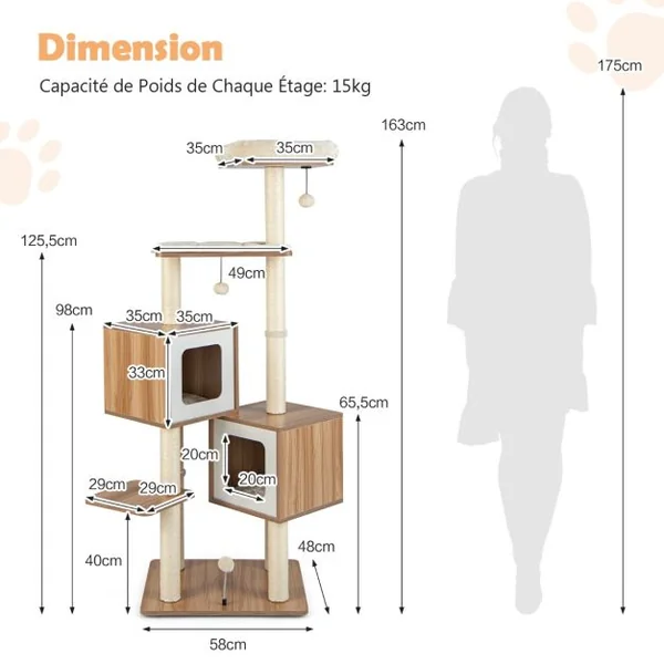 Arbre à Chat en Bois 163 CM avec 3 Plateformes 2 Niches 3 Balles Griffoirs en Sisal Perchoir Coussins Lavables Naturel