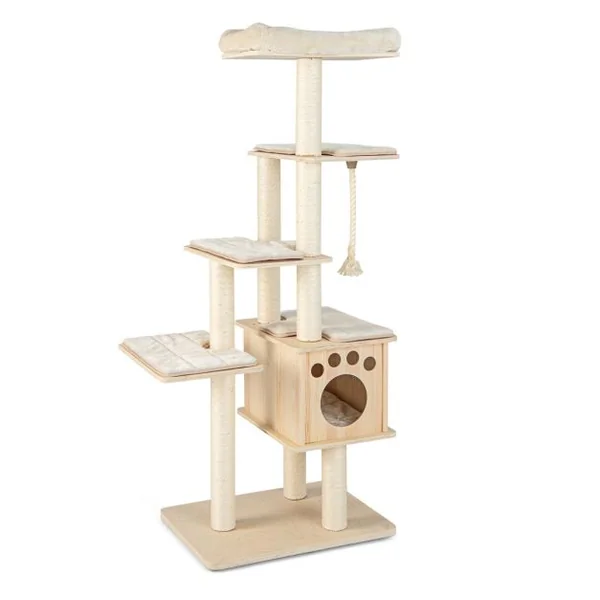 Arbre à Chat en Bois 170CM - Perchoir Condo - Tour à Chat - Coussin Amovible Poteaux à Gratter en Sisal 4 Plate-formes Naturel