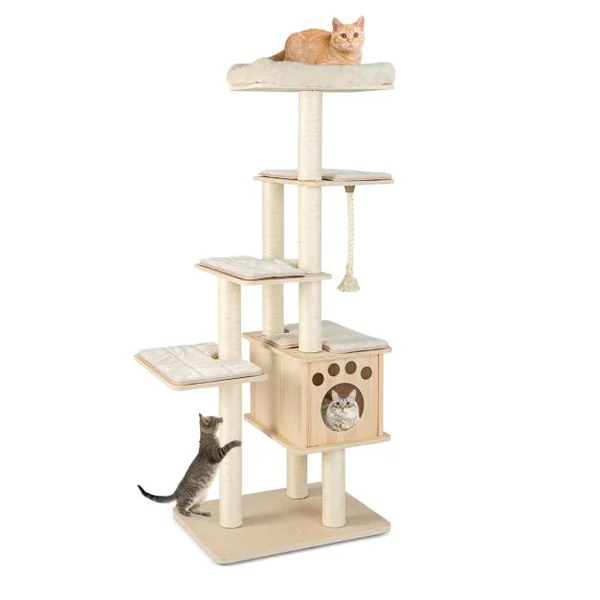 Arbre à Chat en Bois 170CM - Perchoir Condo - Tour à Chat - Coussin Amovible Poteaux à Gratter en Sisal 4 Plate-formes Naturel