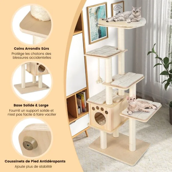 Arbre à Chat en Bois 170CM - Perchoir Condo - Tour à Chat - Coussin Amovible Poteaux à Gratter en Sisal 4 Plate-formes Naturel