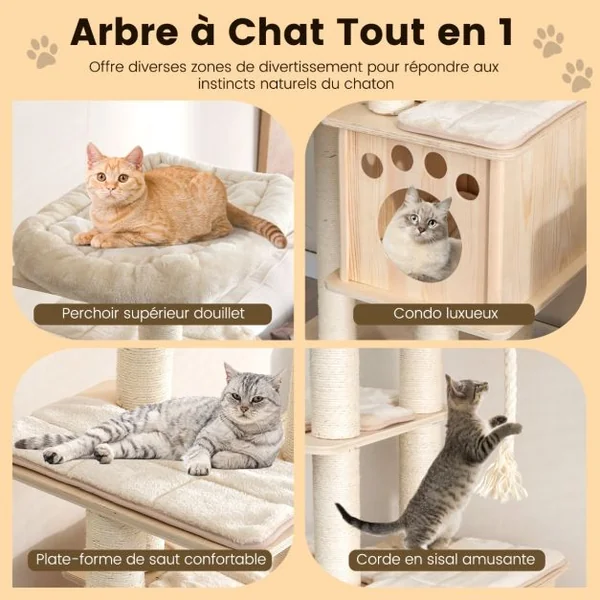 Arbre à Chat en Bois 170CM - Perchoir Condo - Tour à Chat - Coussin Amovible Poteaux à Gratter en Sisal 4 Plate-formes Naturel