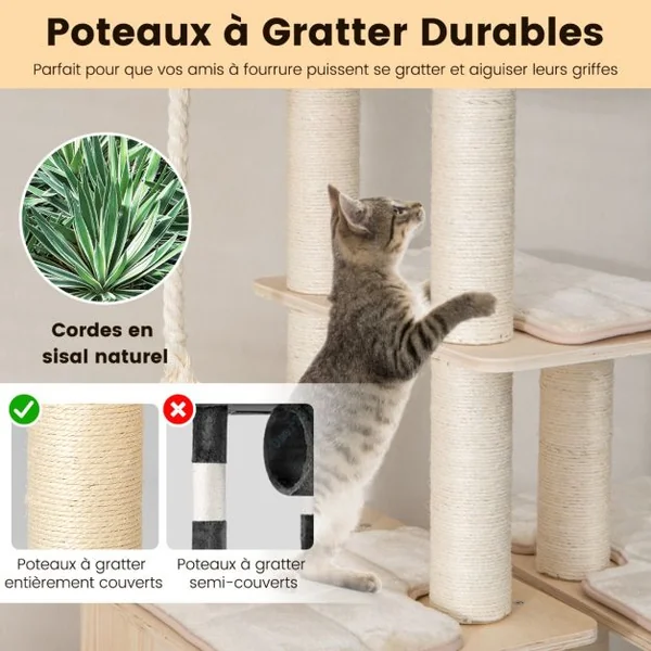 Arbre à Chat en Bois 170CM - Perchoir Condo - Tour à Chat - Coussin Amovible Poteaux à Gratter en Sisal 4 Plate-formes Naturel