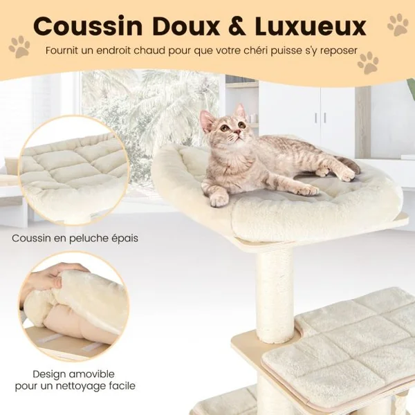 Arbre à Chat en Bois 170CM - Perchoir Condo - Tour à Chat - Coussin Amovible Poteaux à Gratter en Sisal 4 Plate-formes Naturel