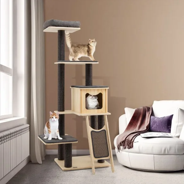 Arbre à Chat en Bois 175CM avec Coussins Détachables et Niche Tour de Jeu pour Chat avec Poteaux en Sisal Planche à Gratter Gris