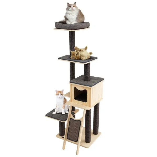 Arbre à Chat en Bois 175CM avec Coussins Détachables et Niche Tour de Jeu pour Chat avec Poteaux en Sisal Planche à Gratter Gris