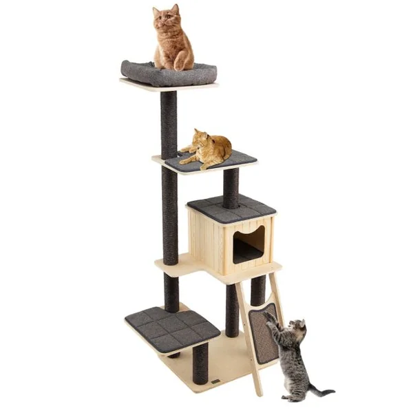 Arbre à Chat en Bois 175CM avec Coussins Détachables et Niche Tour de Jeu pour Chat avec Poteaux en Sisal Planche à Gratter Gris