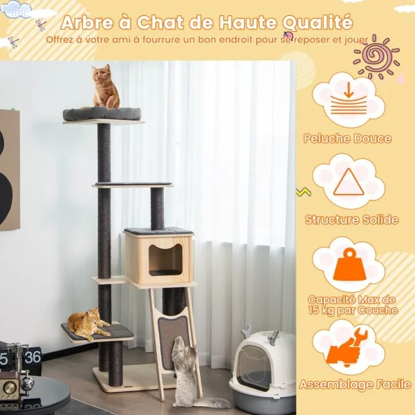 Arbre à Chat en Bois 175CM avec Coussins Détachables et Niche Tour de Jeu pour Chat avec Poteaux en Sisal Planche à Gratter Gris