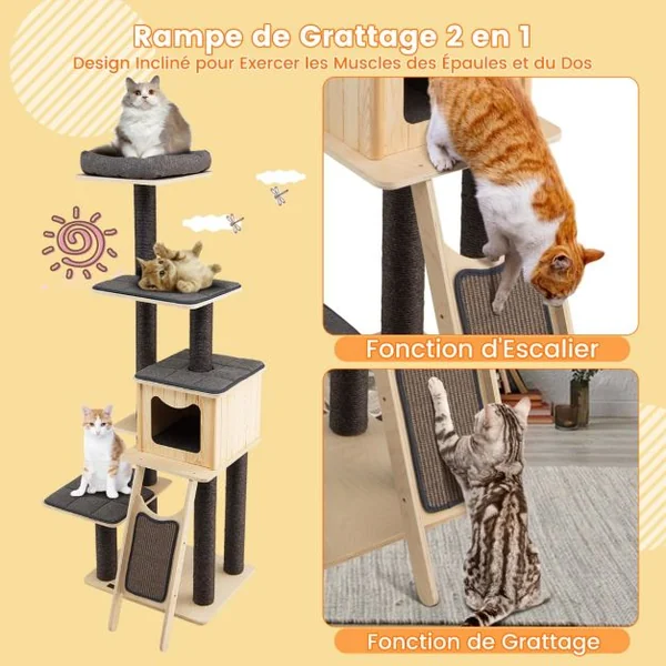 Arbre à Chat en Bois 175CM avec Coussins Détachables et Niche Tour de Jeu pour Chat avec Poteaux en Sisal Planche à Gratter Gris
