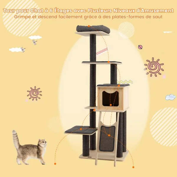 Arbre à Chat en Bois 175CM avec Coussins Détachables et Niche Tour de Jeu pour Chat avec Poteaux en Sisal Planche à Gratter Gris