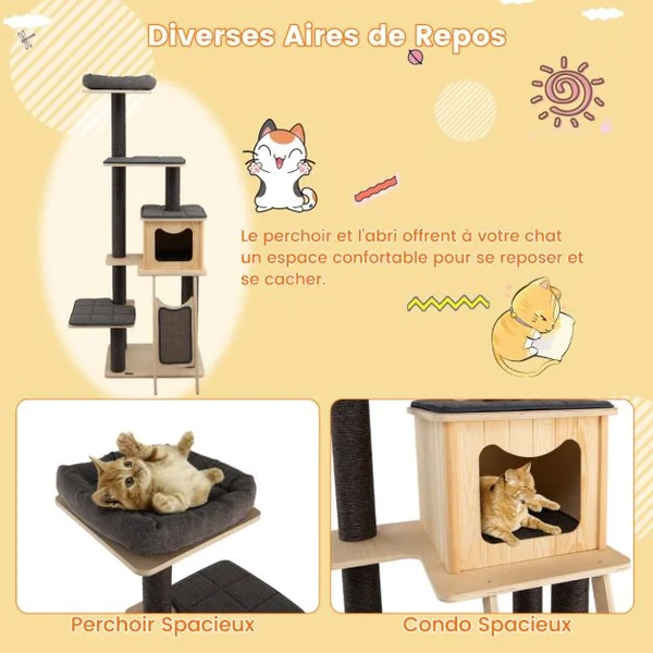 Arbre à Chat en Bois 175CM avec Coussins Détachables et Niche Tour de Jeu pour Chat avec Poteaux en Sisal Planche à Gratter Gris