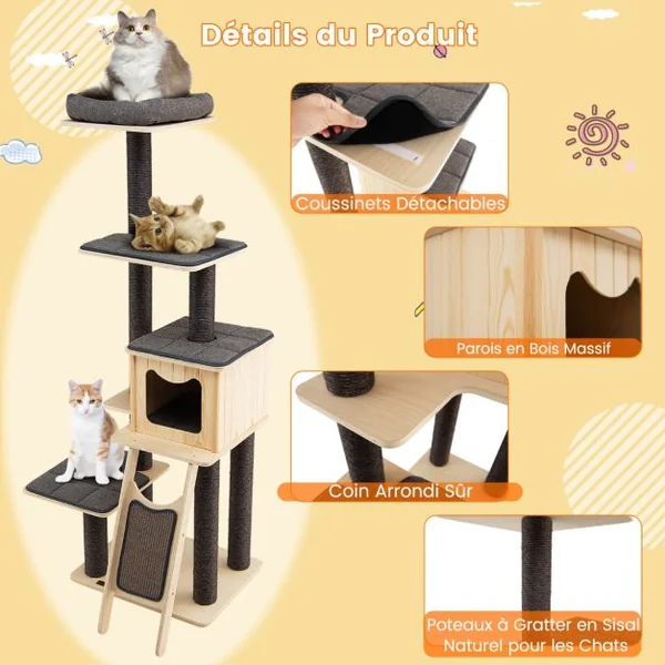 Arbre à Chat en Bois 175CM avec Coussins Détachables et Niche Tour de Jeu pour Chat avec Poteaux en Sisal Planche à Gratter Gris