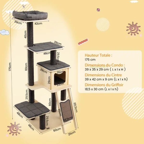 Arbre à Chat en Bois 175CM avec Coussins Détachables et Niche Tour de Jeu pour Chat avec Poteaux en Sisal Planche à Gratter Gris