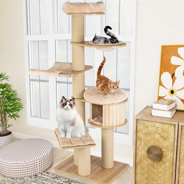 Arbre à Chat en Bois 191CM avec Hamac Panier Perchoir et Niche Tour à Chat avec Coussin Amovible et Poteaux à Gratter Beige
