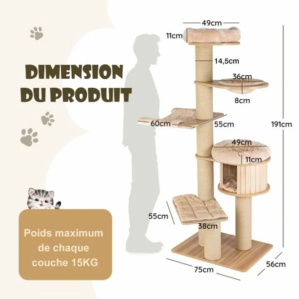 Arbre à Chat en Bois 191CM avec Hamac Panier Perchoir et Niche Tour à Chat avec Coussin Amovible et Poteaux à Gratter Beige