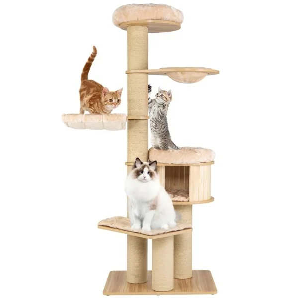 Arbre à Chat en Bois 191CM avec Hamac Panier Perchoir et Niche Tour à Chat avec Coussin Amovible et Poteaux à Gratter Beige