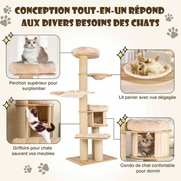Arbre à Chat en Bois 191CM avec Hamac Panier Perchoir et Niche Tour à Chat avec Coussin Amovible et Poteaux à Gratter Beige