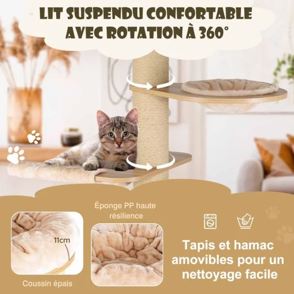 Arbre à Chat en Bois 191CM avec Hamac Panier Perchoir et Niche Tour à Chat avec Coussin Amovible et Poteaux à Gratter Beige