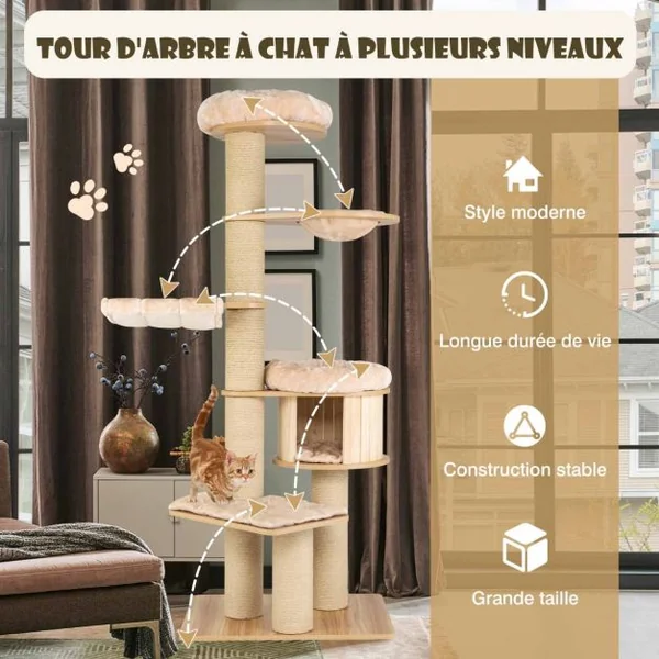 Arbre à Chat en Bois 191CM avec Hamac Panier Perchoir et Niche Tour à Chat avec Coussin Amovible et Poteaux à Gratter Beige