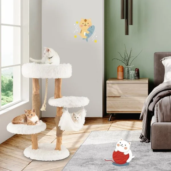 Arbre à Chat en Bois 87 CM avec Hamac, Plusieurs Plateformes Tour à Chat avec Coussin Moelleux Corde en Sisal Suspendue Blanc