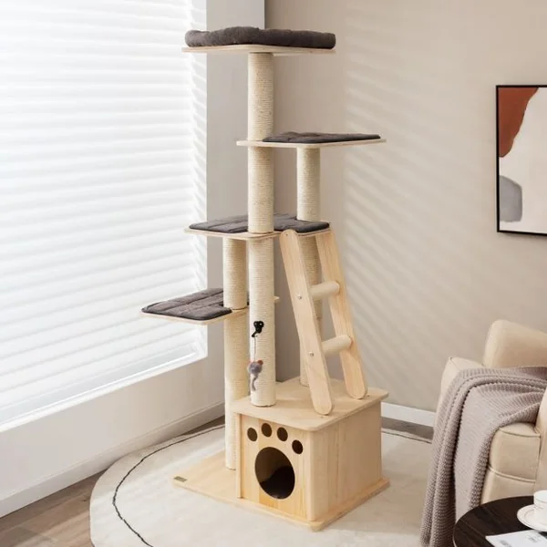 Arbre à Chat en Bois Arbre à Grimper pour Chat avec Niche Arbre-Griffoir Multi-Niveaux d'Intérieur pour Chat Beige