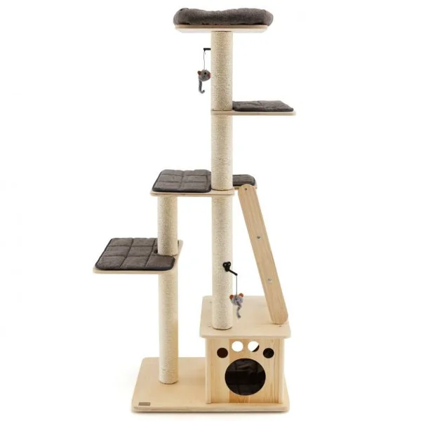 Arbre à Chat en Bois Arbre à Grimper pour Chat avec Niche Arbre-Griffoir Multi-Niveaux d'Intérieur pour Chat Beige