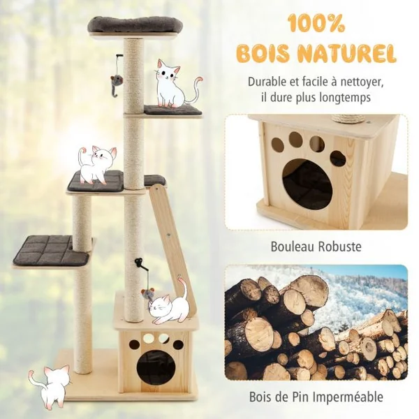 Arbre à Chat en Bois Arbre à Grimper pour Chat avec Niche Arbre-Griffoir Multi-Niveaux d'Intérieur pour Chat Beige